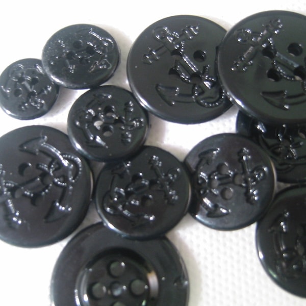 Anchor Button Black - Lot size is 6 buttons -  4 sizes  from 13/16" down to 1/2" -  Pick your size