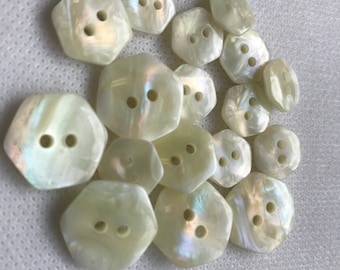Pearl Iridescent buttons, Hexagon buttons, Lot of 6,  4 sizes , 2 hole , iridescent Buttons. Beautiful craftsmanship.