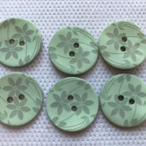 Green Buttons - Real Shell Buttons, Lime green colored  Laser Engraved Flower button , Lot  size is 6 pieces. One Size.  13/16&quot; .