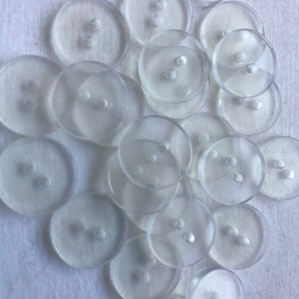 Clear Buttons. Backer buttons. Two hole. Two Sizes available  9/16"(14MM).and 1/2"(12mm)  Lot of 20