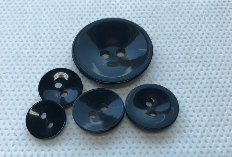 Shiny Black cup shape Buttons.2 hole, 5 sizes available 1 to 7/16 Pick size at check out Lot of 6. Shiny Cup shape. image 2