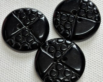 Extra Large Black vintage  buttons, 2 hole Flat Back- Size,1-7/16"(37.3mm) Lot of 3 buttons, Beautiful design face - Coats -capes etc.