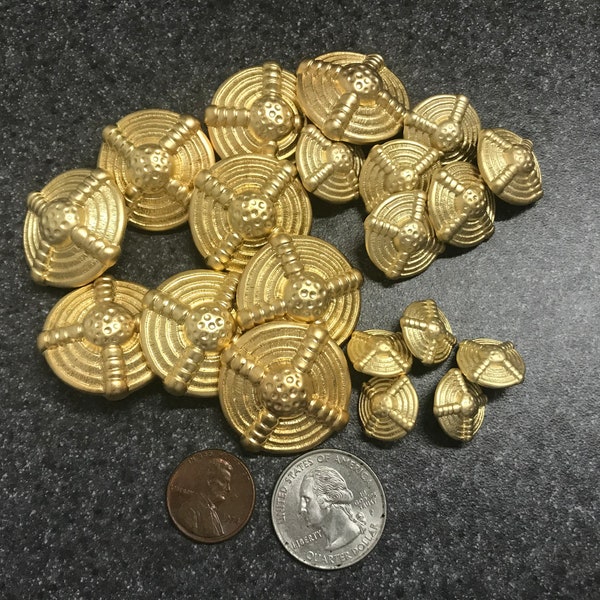 Satin Gold  tone Shank buttons - Lot of 6 buttons,  Italian Design and manufacture,  3 sizes - Lightweight buttons . 1 1/8" 3/4" 5/8"