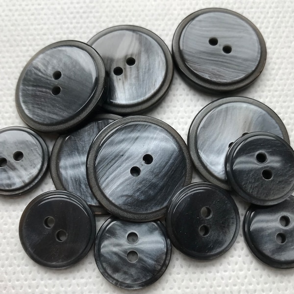 Dark Gray Pearlized Buttons - 2 hole - 2 Sizes available  - Domed face. round back, stepped edge, Lot Size is 6 buttons of size chosen.