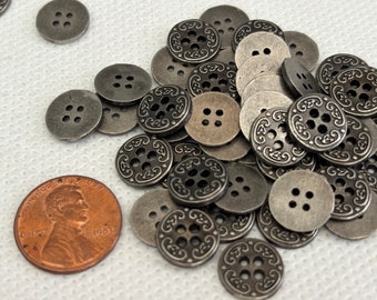 Small Pewter look metal buttons 4 hole with scroll work 7/16"  Lot of 6 buttons