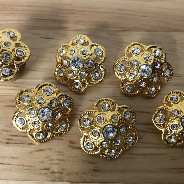 Delicate Gold  look buttons with 13  Rhinestones Lot of 2 buttons -3/4"  20mm in diameter . Shank Button, Italian  casting -