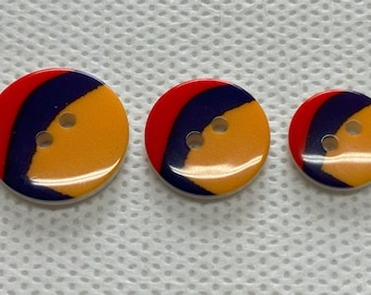 Fancy Buttons orange blue -red 2 hole buttons 3 sizes 3/4",11/16", 9/16" Domed  face and back. Shiny . Beautiful quality buttons .