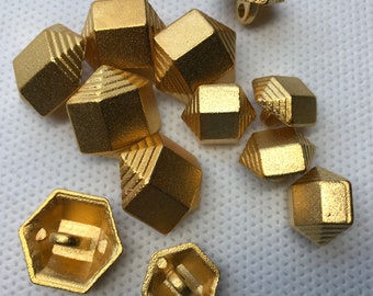 Satin Gold  tone shank Buttons.  2 Sizes 13/16 "and  5/8", Lot of 6 Buttons. Satin finish.. Satin Hexagonal shape.