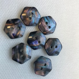 Pearl Tahiti  Iridescent  buttons, Hexagon buttons,Lot of 6,  3 sizes , 2 hole , iridescent Buttons. Beautiful craftsmanship.