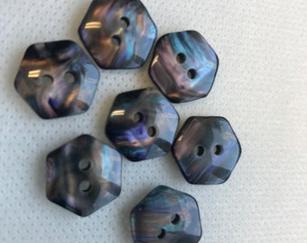 Pearl Tahiti  Iridescent  buttons, Hexagon buttons,Lot of 6,  3 sizes , 2 hole , iridescent Buttons. Beautiful craftsmanship.