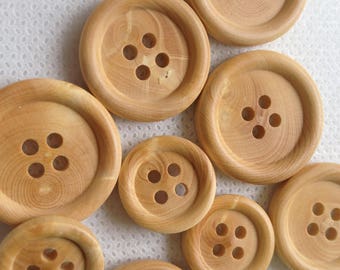 Wood buttons . Large  7/8" -Medium 3/4"  and small 5/8" . 3 sizes available. 4 Hole. Lot of 6 Made in France