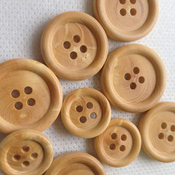 Wood buttons . Large  7/8" -Medium 3/4"  and small 5/8" . 3 sizes available. 4 Hole. Lot of 6 Made in France