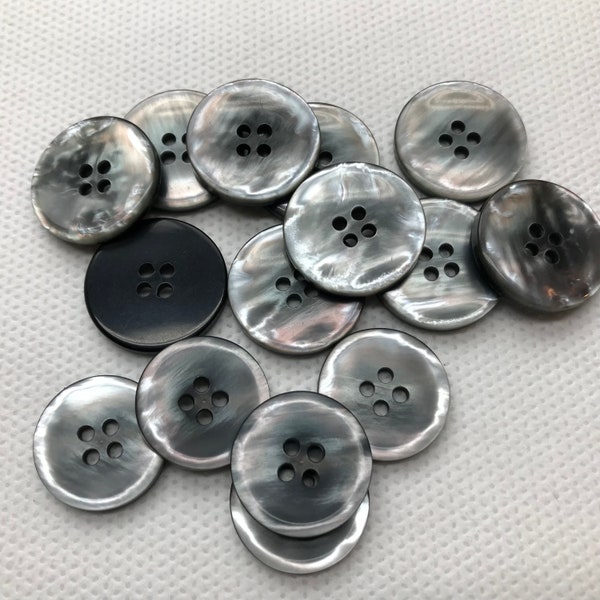 Smoke irridescent Buttons. 4 hole  imitation  Shell , SIZE  13/16" (19mm) AND 7/8"  23mm  (Lot of 6). Cupped face and black back.