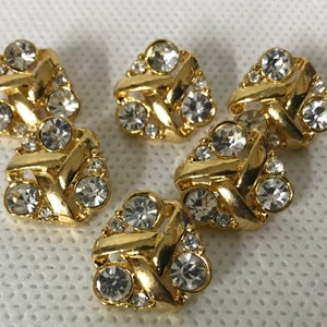 Gold look triangular buttons with 6 Rhinestones (5/8&quot; ) 15mm in diameter . Shank Button, Italian  casting - Vintage - Lot of 2.