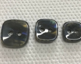Square Smoke Iridescent 2 hole  buttons, Lot of 10 buttons,  3 sizes , 2 hole , iridescent Buttons. Beautiful craftsmanship.