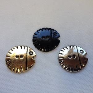 Fish Button, buttons, 2 hole, Lot size is 10 buttons,  3 colors to choose from Gold, Black and Chrome