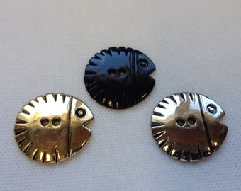 Fish Button, buttons, 2 hole, Lot size is 10 buttons,  3 colors to choose from Gold, Black and Chrome