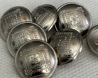 Chrome look metal shank button (13/16" 20mm diameter) Lot of 6 buttons. Square center design. Lot of 6 buttons.