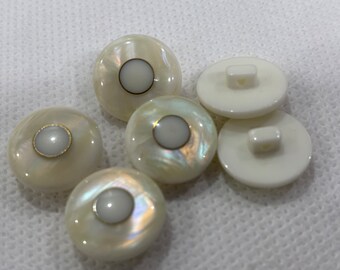 Irridescent white center buttons  with gold accent ring, Medium size 11/16" (18mm) Lot of 6 buttons. Buttons were made in Italy. Button