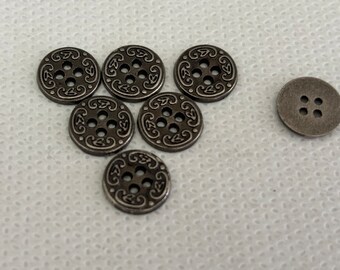 Small Pewter look metal buttons 4 hole with scroll work Lot of 6 buttons