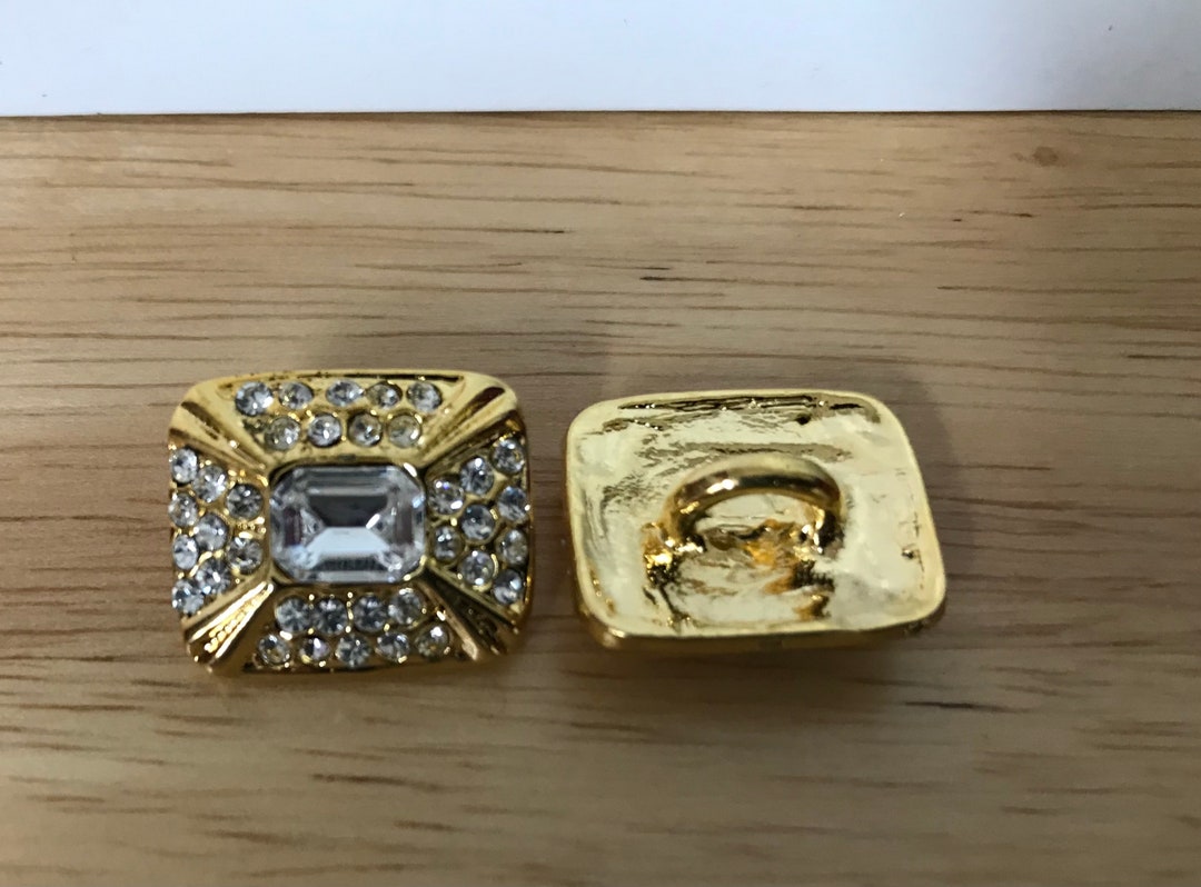 Rectangular Stone Button Gold Look Rectangular Buttons Lot of 2 Buttons With Rhinestones 3/4