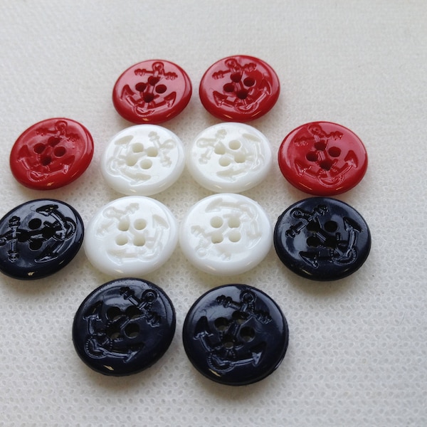 ANCHOR BUTTON - Red - White -Blue - Black  (Pick Color) Lot of 6 buttons, 5/8" (15mm)