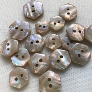 ABALONE color  Iridescent  buttons, Hexagon buttons,Lot of 6,  4 sizes , 2 hole , iridescent Buttons. Beautiful craftsmanship.