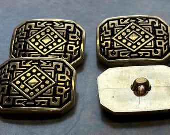 Ex Large Rectangular shank button Gold tone checkerboard design. 1 3/8" x 1"  (35mm x 26mm) . Lot of 4 buttons.