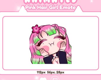 May include: An animated digital emote featuring a character with long pink and green hair, a small pink flower accessory, and a dark jacket. The character has closed eyes, rosy cheeks, and hands pressed against the face in a joyful expression.