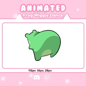 May include: A digital graphic featuring a light green cartoon frog shown from the back, with the text ANIMATED Frog Wiggle Dance at the top and 112px 56px 28px at the bottom. The design includes Discord and Twitch icons on a light pink background.