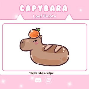May include: A digital illustration of a brown capybara shaped like a loaf of bread with an orange fruit on its head. The text CAPYBARA Loaf Emote is displayed above, with 112px 56px 28px below, alongside Discord and Twitch icons on a pink background.