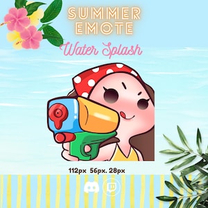May include: A digital illustration of a character wearing a red and white polka dot bandana, holding a blue, yellow, and green water gun. The text reads SUMMER EMOTE Water Splash, with 112px 56px 28px and Discord and Twitch icons below.
