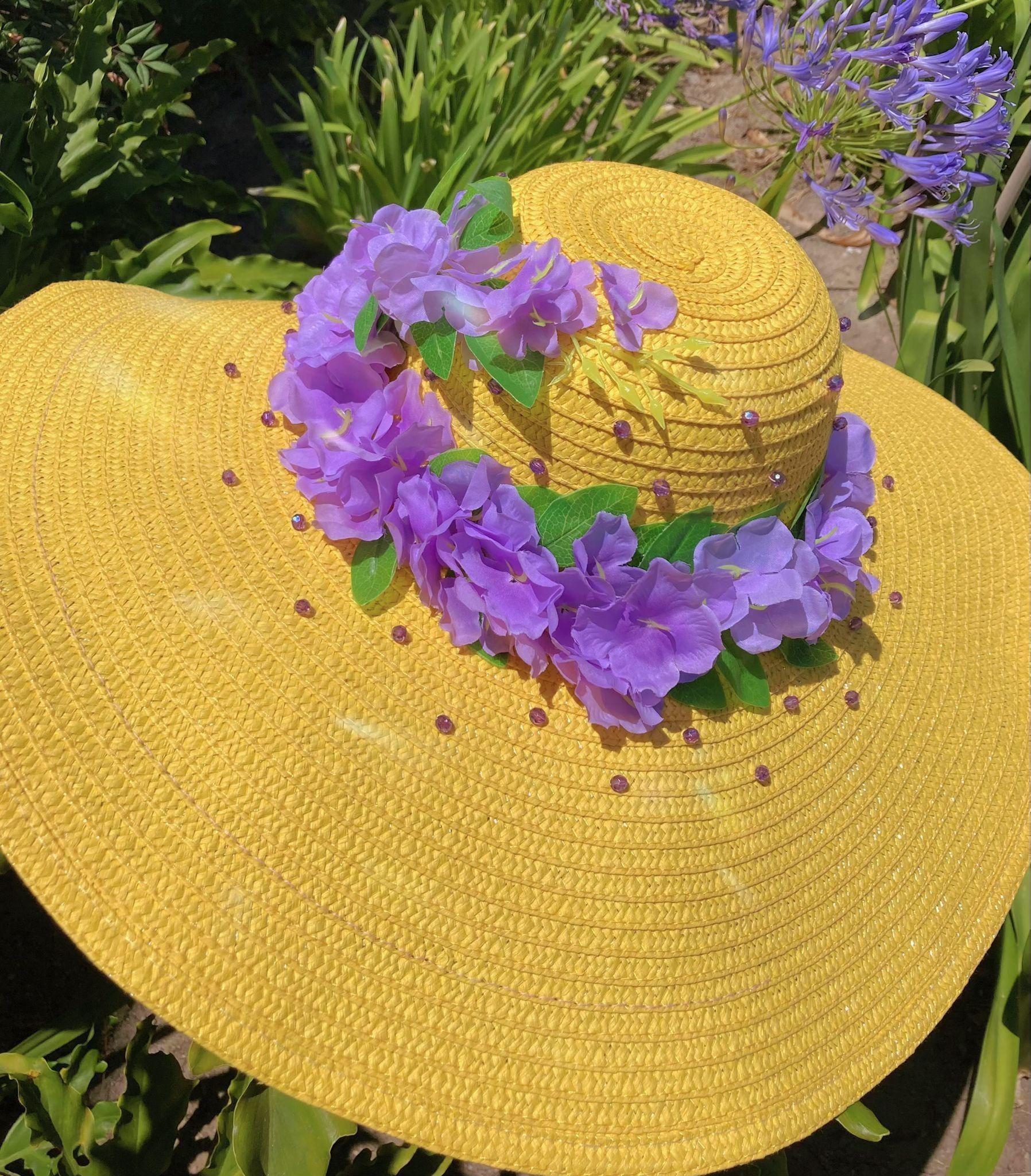 Yellow Wide Brim Sun Hat With Purple Flowers - Handmade  display picture 1