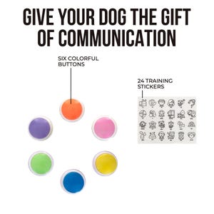 May include: A set of six colorful communication buttons for dogs, in purple, orange, pink, green, yellow, and blue. Includes 24 training stickers. Text reads: "GIVE YOUR DOG THE GIFT OF COMMUNICATION."