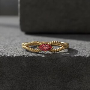 Gold Rope Band Ring with Red Marquise Gemstone, Elegant Twist Design Jewelry Gift for Women, Dainty Romantic Promise Ring