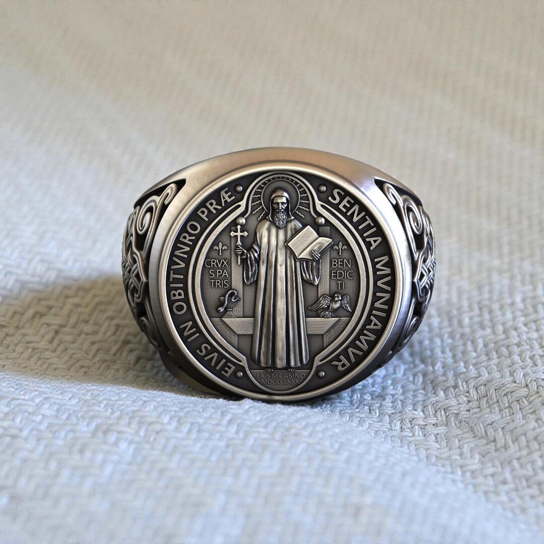 St Benedict Ring 925 Sterling Silver, Signet Ring for Men With Latin ...
