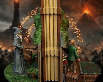 Kącik książkowy Władcy Pierścieni, diorama Bilba Bagginsa i Gandalfa, miniatura domu Hobbita, podpórka do książek z Władcy Pierścieni, dekoracja półki w Śródziemiu