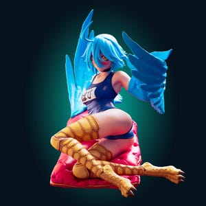 May include: A figurine of a harpy-like character with blue hair and wings, wearing a blue swimsuit. The figure is posed sitting on a red cushion, with yellow and brown patterned legs and feet. The background is a gradient of dark teal.
