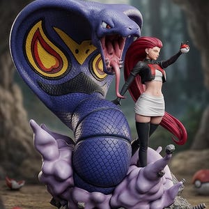 Puede incluir: Una figura detallada que presenta una gran cobra púrpura con marcas amarillas y rojas, junto a un personaje con cabello rojo, una chaqueta negra y una falda blanca. El personaje sostiene una bola roja y blanca. La base es una mezcla de elementos púrpuras y grises.