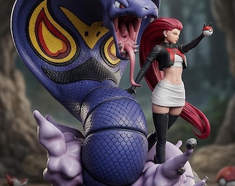 Jessie Anime Figure with Arbok Statue, Team Rocket Collectible, Pokemon Villain Figurine, Hand Painted Display Model