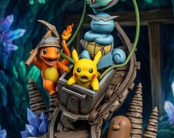 Pokemon Cave Diorama Figure, Pikachu Charmander Squirtle Bulbasaur Diglett Statue, Anime Collectible Desk Decor Gift