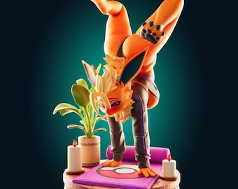 Figura de yoga inspirada en Flareon, estatua de anime de un lindo zorro, figura en pose de relajación, decoración coleccionable de criatura fantástica