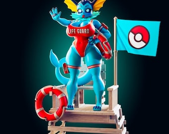 Figura de salvavidas inspirada en Vaporeon de Pokémon, estatua de criatura acuática para la playa, figura coleccionable de anime para decoración.