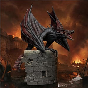 May include: A detailed sculpture of a black dragon with red-lined wings, perched atop a weathered stone structure. The dragon is depicted with its mouth open, set against a backdrop of a burning castle and a fiery sky.