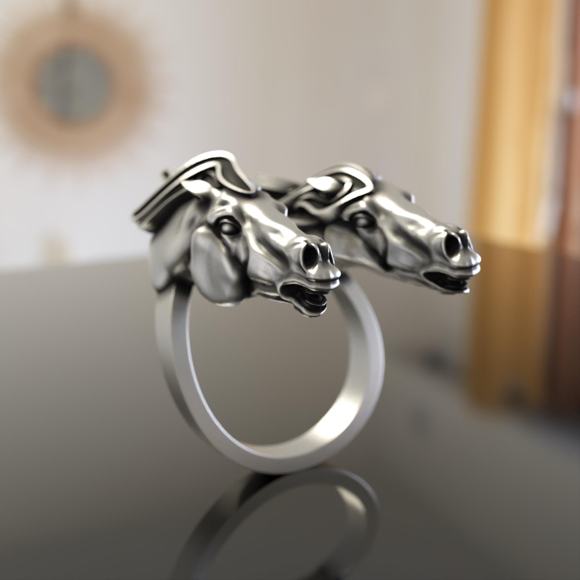 TWO FACE HORSE RING SILVER W/B DIAMONDS Arabian Horse Head Ring