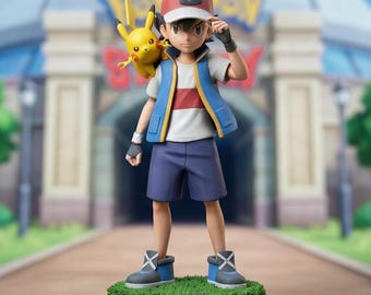 Ash Ketchum Pikachu Figure Anime Statue, Pokémon Trainer Collectible, Hand Painted Gaming Desk Decor, Otaku Gift