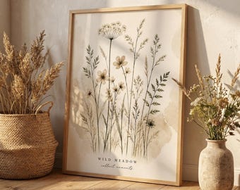Wild Meadow Botanical Print | Neutral Wildflower Cottage Wall Art (8x10 11x14 16x20)