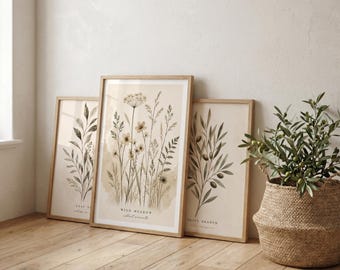 Organic Botanical Wall Art Set | Wild Meadow, Olive Branch, Leaf Study Prints