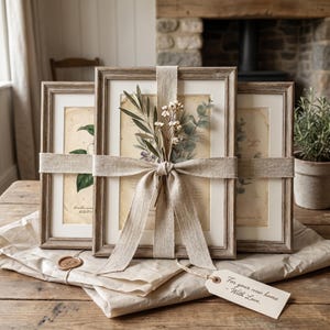 May include: Three rectangular wooden frames with off-white mats containing botanical illustrations, tied together with a wide beige linen ribbon. A small white gift tag is attached, featuring the text: For your new home - With Love.