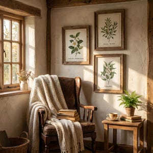 May include: A dark brown wooden armchair draped with a cream-colored knit throw blanket, positioned near a window. Three framed botanical prints hang on the wall, while a small wooden side table holds a potted fern and a ceramic cup.